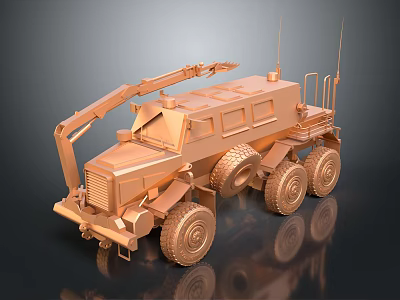 Bronze Colored Military Engineering Vehicle With Six Wheels Mechanical Arm And Antennas 3d model