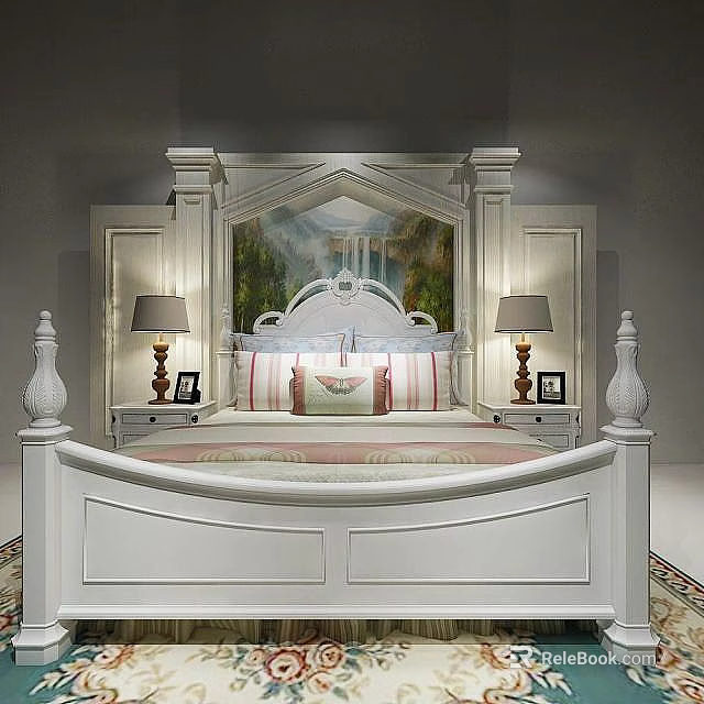 Elegant White Bedroom Interior With Scenic Headboard Painting And Table Lamps On Nightstands 3d model 