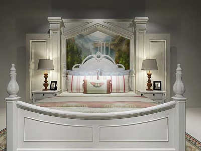 Elegant White Bedroom Interior With Scenic Headboard Painting And Table Lamps On Nightstands 3d model