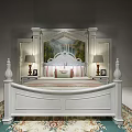 Elegant White Bedroom Interior With Scenic Headboard Painting And Table Lamps On Nightstands