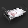 Vintage Iron Frame Bed With White Sheet And Red Pattern Accents