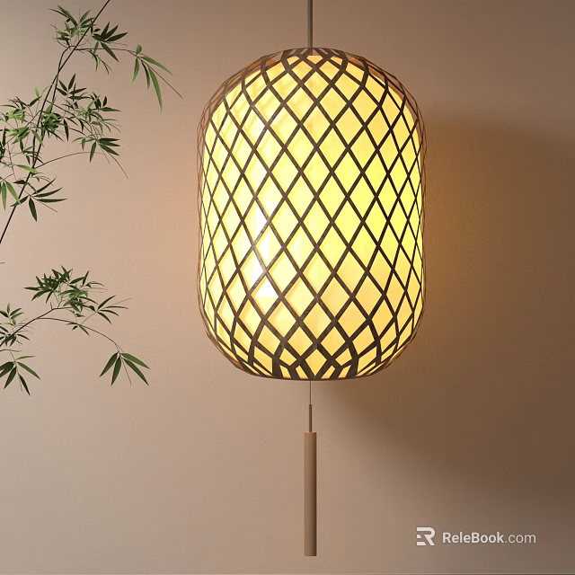 Glowing Decorative Lamp with Diamond Pattern Bamboo Shade and Bamboo Leaves on Light Colored Wall 3d model 