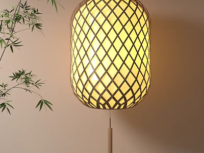 Glowing Decorative Lamp with Diamond Pattern Bamboo Shade and Bamboo Leaves on Light Colored Wall 3d model