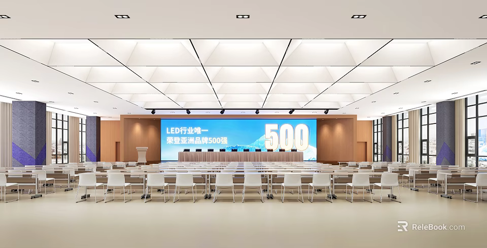 Multi functional Standard Conference Room With 500 Capacity LED Screen White Chairs And Podium 3d model 