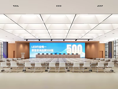 Multi functional Standard Conference Room With 500 Capacity LED Screen White Chairs And Podium 3d model