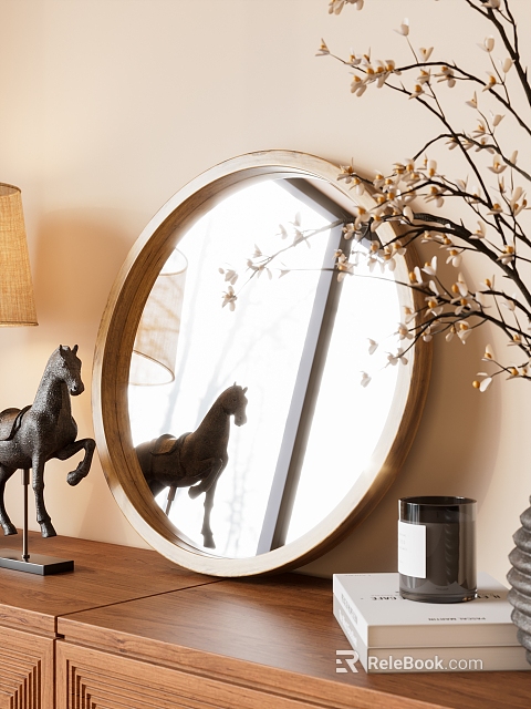 Round Mirror With Horse Statue And Floral Decor 3d model 