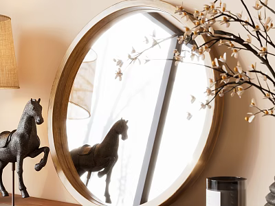 Round Mirror With Horse Statue And Floral Decor 3d model
