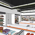 Supermarket Department Store Interior With White Pillars Shelves And Orange Striped Counters 3d model