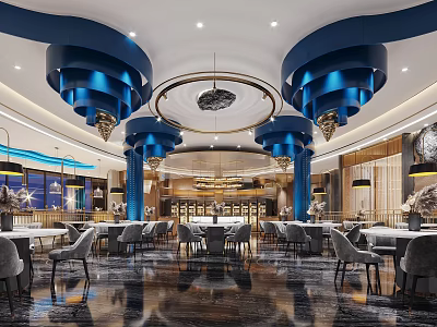 Elegant Modern Restaurant Interior With Luxury Chandeliers Marble Floor And Comfortable Seating 3d model