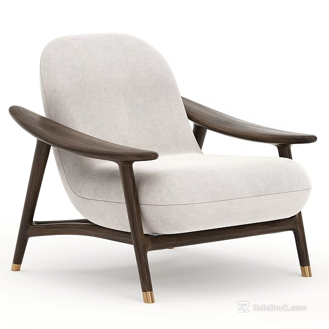 Modern Minimalist Lounge Chair With Light Gray Fabric Dark Wood Arms And Gold Metal Feet 3d model 
