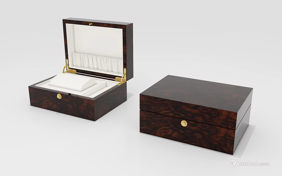 Wooden Jewelry Box Set With Brown Wood Grain Golden Clasp And White Lining 3d model 
