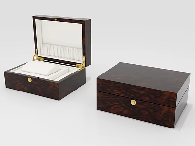 Wooden Jewelry Box Set With Brown Wood Grain Golden Clasp And White Lining 3d model