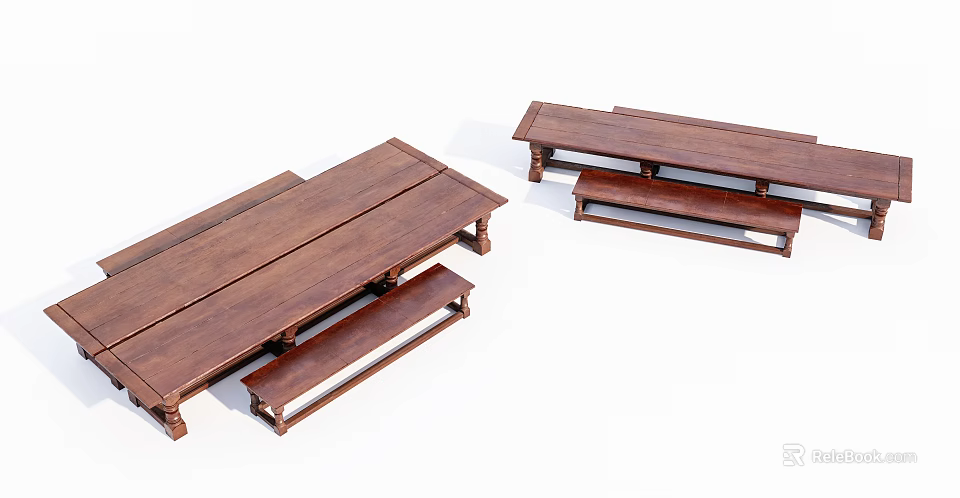 Wooden Dining Table And Bench Set With Solid Wood For Home Dining Area 3d model