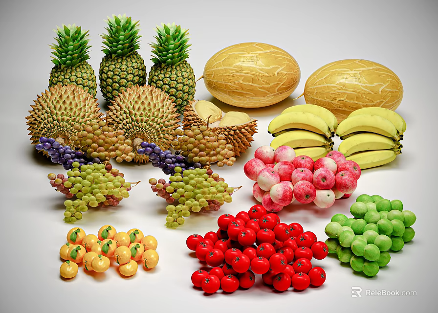Assorted Fresh Fruits Collection With Pineapples Melons Durian Bananas Grapes Cherries Lychees And Grapes 3d model 