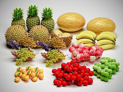 fruit jackfruit durian pineapple cantaloupe banana peach grape orange cherry 3d model