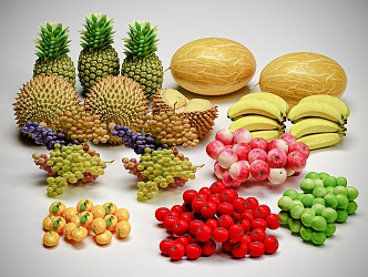 fruit jackfruit durian pineapple cantaloupe banana peach grape orange cherry 3d model