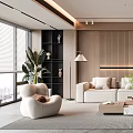 Modern Living Room Interior Design With Beige Sofa Wooden Wall Panel And Coffee Table