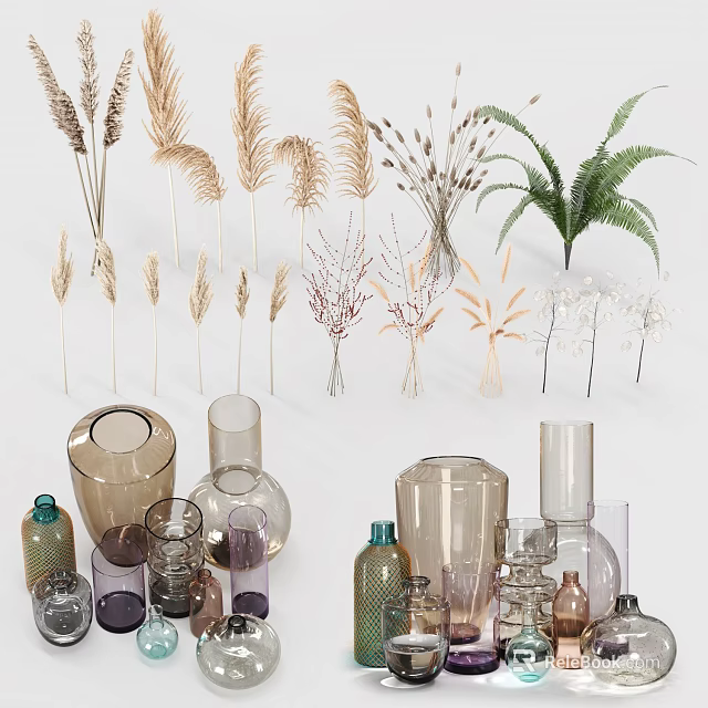 Various Ceramic Vessels With Dried Pampas Grass Fern Plants And Home Decor Elements 3d model 