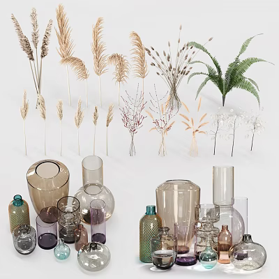 Various Ceramic Vessels With Dried Pampas Grass Fern Plants And Home Decor Elements 3d model