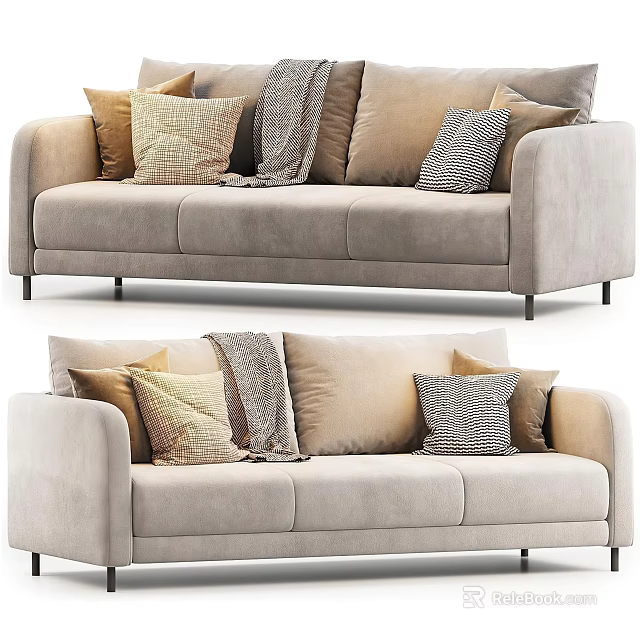 Soft Light Colored Modern Double Sofa With Decorative Pillows And Throw Blanket 3d model