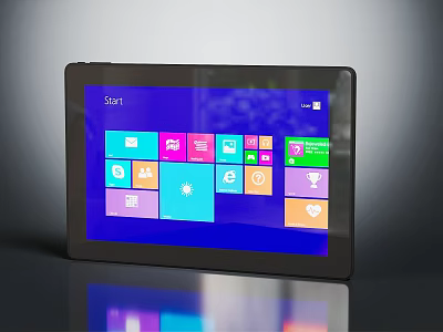 Portable Tablet With Black Frame Displaying Start Interface And Colorful App Icons On Blue Screen 3d model