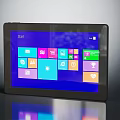 Portable Tablet With Black Frame Displaying Start Interface And Colorful App Icons On Blue Screen