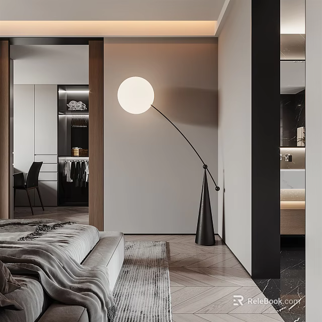 Modern Bedroom Interior with Large Round Floor Lamp Wooden Floor Rug and Bed with Blanket 3d model 
