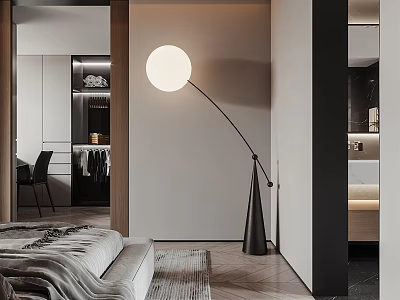 Modern Bedroom Interior with Large Round Floor Lamp Wooden Floor Rug and Bed with Blanket 3d model