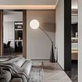 Modern Bedroom Interior with Large Round Floor Lamp Wooden Floor Rug and Bed with Blanket