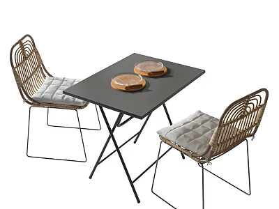 Square Black Metal Dining Table Set With Rattan Chairs Light Cushions And Round Plates 3d model