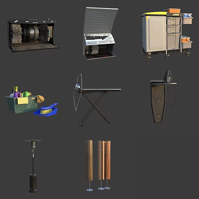 Essential Hardware Tools Collection With Toolbox Metal Pipes Ironing Board And Cleaning Supplies 3d model