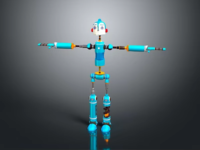 Blue Robot Game And Movie Character With Red Ears Orange Joints Outstretched Arms 3d model