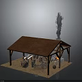 Ancient Hut Scene With Brown Roof Wooden Frames Sandy Ground Smoking Fire And Ancient Tools