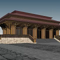 Ancient Architecture With Traditional Red Roof Wooden Structure Carved Doors And Stone Steps