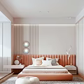 Pink And White Kids Room Interior With Soft Bed Bookshelves Lighting And Pouf