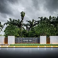 Outdoor Stone Feature Wall With Trees And Palm Tree In Landscape Design