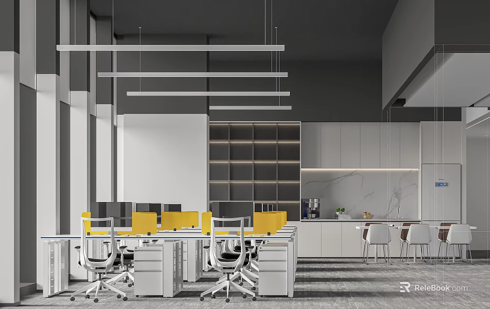 Modern Public Office Space With Yellow Office Chairs White Desks Storage Cabinets And Hanging Lights 3d model
