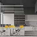 Modern Public Office Space With Yellow Office Chairs White Desks Storage Cabinets And Hanging Lights 3d model