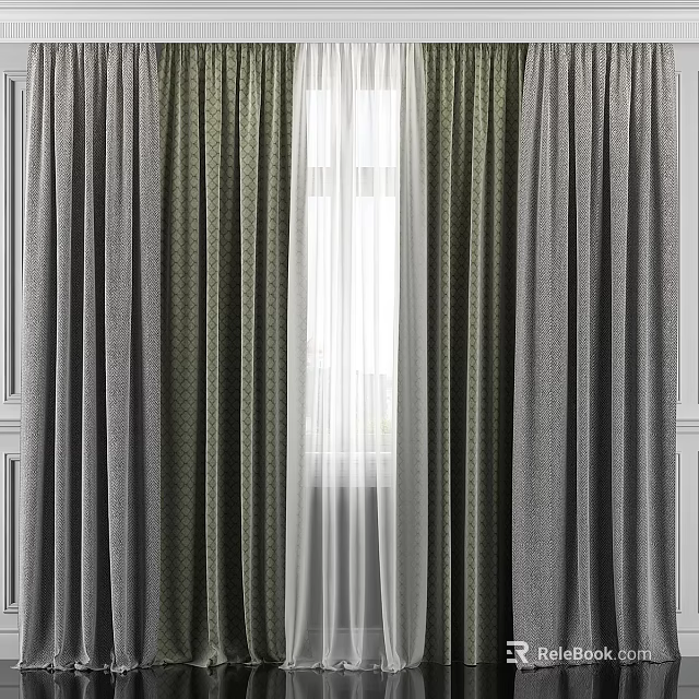 Window Curtain Set With Gray Textured Drapes Green Patterned Panels And Sheer Layers 3d model 
