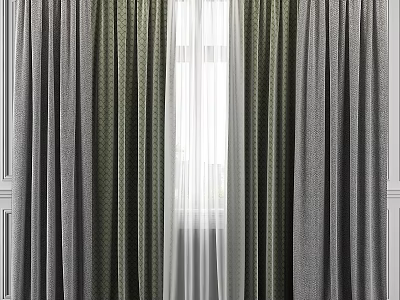 Window Curtain Set With Gray Textured Drapes Green Patterned Panels And Sheer Layers 3d model