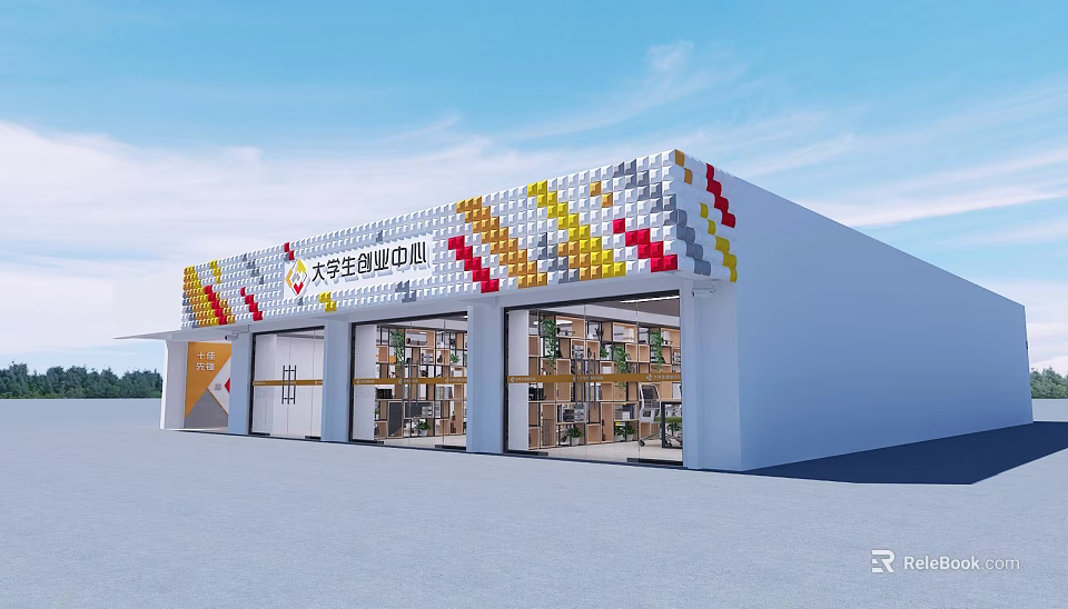 Modern Building Materials Center Exterior With Colorful Geometric Decorations And Glass Windows 3d model 