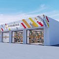 Modern Building Materials Center Exterior With Colorful Geometric Decorations And Glass Windows