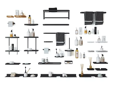 Modern Minimalist Bathroom Accessories With Towel Racks Shelves Bottles Cups And Toilet Paper Holders 3d model