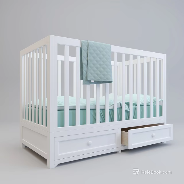 White Baby Crib with Drawers Light Green Mattress Sheets and Hanging Blanket 3d model 