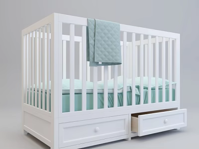White Baby Crib with Drawers Light Green Mattress Sheets and Hanging Blanket 3d model