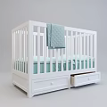 White Baby Crib with Drawers Light Green Mattress Sheets and Hanging Blanket