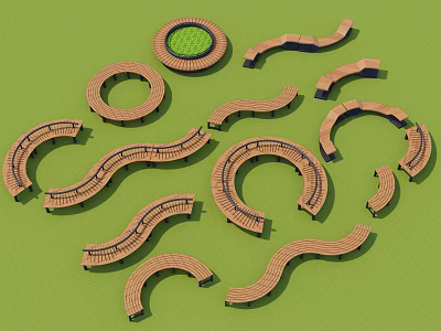 Outdoor Wooden Garden Chairs With Curved Designs And Various Shapes 3d model