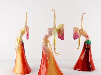 Decorative Ornament Set of Elegant Female Dancer Figurines with Orange Red Gradient Skirts 3d model