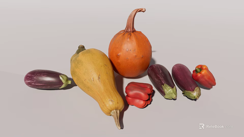 Fresh Colorful Vegetables Including Pumpkin Butternut Squash Eggplants And Red Bell Peppers 3d model 