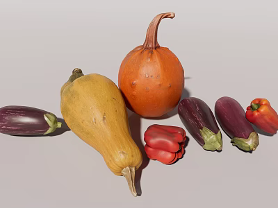 Fresh Colorful Vegetables Including Pumpkin Butternut Squash Eggplants And Red Bell Peppers 3d model
